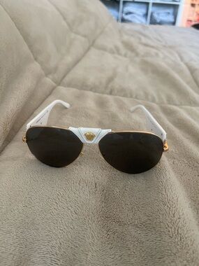Versace White & Gold Aviator Sunglasses with Black Lenses